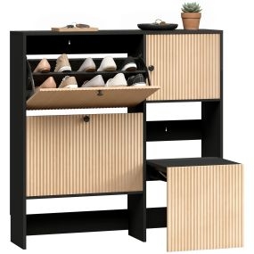 Zapatero Estrecho con 2 Cajones Abatibles, Armario, Taburete Oculto, Mueble Zapatero Moderno con Estantes Ajustables, para 8-10 Pares de Zapatos, para Pasillos, Entradas, 100x23,8x100 cm, Roble