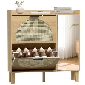 Zapatero Estrecho con Espejo, 2 Puertas de Ratán, Armario, Zapatero Entrada Recibidor Bohemio, 10 Pares, Estantes Ajustables, Patas de Bambú, Pasillo, Salón, 94,5x24x96,5 cm, Roble