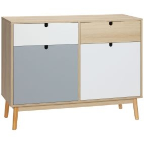 Aparador auxiliar de salón con 2 armarios y 2 cajones, madera de pino, 100x40x79,5 cm, multicolor