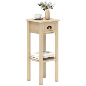 Mesa auxiliar rústica de madera natural con cajón y estante 30x30x75 cm