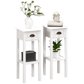 Juego de 2 mesas auxiliares modernas con cajón y estante 30x30x75 cm blanco