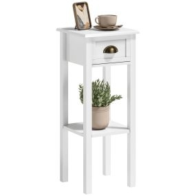 Mesa auxiliar moderna para sofá con cajón y estante 30x30x75 cm blanco