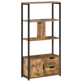 Librería estantería para libros con 4 estantes, 2 cajones y puerta, 58x24x122 cm, marrón rústico