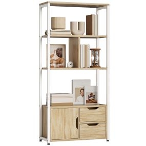 Librería estantería para libros con 4 estantes, 2 cajones y puerta, 58x24x122 cm, madera natural