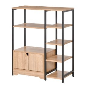 Estantería para libros con estantes abiertos y doble puerta, marco de metal, 80x35x97 cm, madera natural
