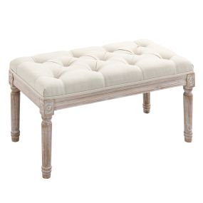 Banco pie de cama tapizado en lino sintético con patas de madera y asiento acolchado beige