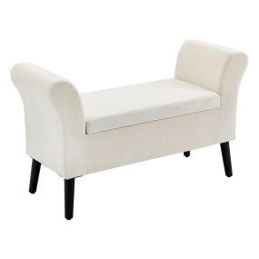 Baúl de almacenaje con tapa abatible y patas de madera 111,5x41x65 cm crema