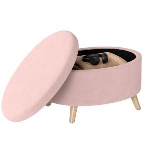 Puff de almacenaje ovalado tapizado en terciopelo con patas de madera maciza 71x51,5x42 cm rosa claro