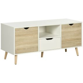 Mueble de TV con cajón, 2 puertas y estante abierto, patas de madera, 110 cm, blanco y madera natural