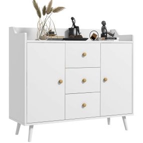 Aparador moderno blanco con 2 puertas, 3 cajones y patas de pino 90x32x80 cm