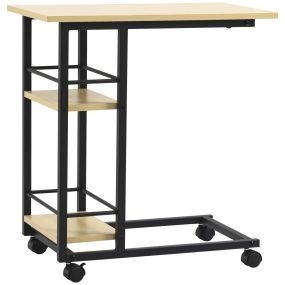Mesa auxiliar con ruedas en forma de C para sofá cama con 2 estantes y frenos 60x34,5x64,5 cm natural