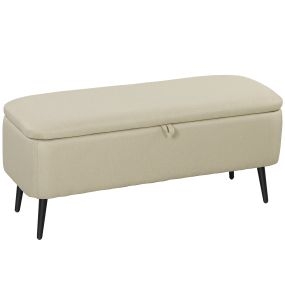 Puff banco de almacenaje 61L tapizado en lino sintético beige con tapa abatible y patas de acero 101x38,5x44,5 cm carga 150 kg