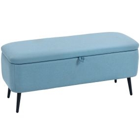 Puff banco de almacenaje 61L tapizado en lino sintético azul claro con tapa abatible y patas de acero 101x38,5x44,5 cm carga 150 kg