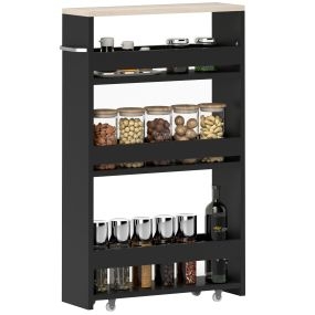 Carrito auxiliar con ruedas de 3 niveles, 3 estantes, tablero y asa, 48x15x80 cm, negro
