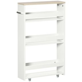 Carrito auxiliar con ruedas de 3 niveles, 3 estantes, tablero y asa, 48x15x80 cm, blanco