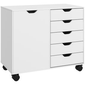 Cajonera de escritorio con 5 cajones y ruedas, estante ajustable, 78x40x66,5 cm, blanco