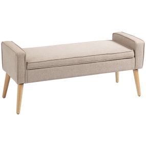 Puff banco de almacenaje tapizado en lino sintético beige con tapa abatible y patas de madera 120x45x54 cm