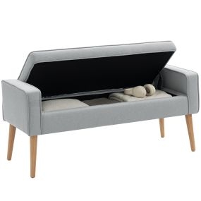 Puff de almacenaje tapizado en lino sintético gris claro con tapa abatible y patas de madera 120x45x54 cm
