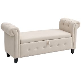 Banco de almacenamiento de lino beige con tapa de bisagras, patas de madera y reposabrazos, 146,5x49x74,5 cm, carga 150 kg