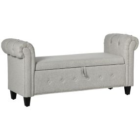 Banco de almacenamiento de lino gris claro con tapa abatible, patas de madera y reposabrazos enrollados, 146,5x49x74,5 cm, carga 150 kg
