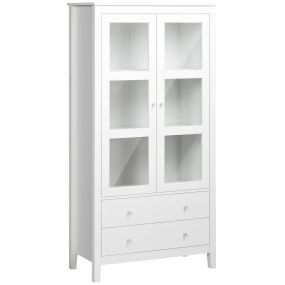 Vitrina aparador con 2 puertas de vidrio templado, 3 estantes, 2 cajones, blanco 80x40x160 cm