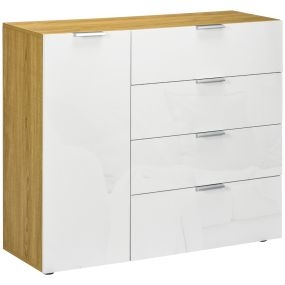 Cómoda aparador de salón con 4 cajones, puerta y estantes ajustables 105x35x92 cm blanco y natural