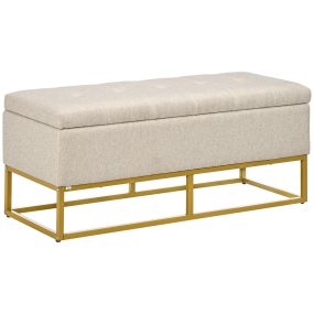 Baúl de almacenaje tapizado de lino sintético con tapa abatible y patas de acero beige 110x44x48 cm