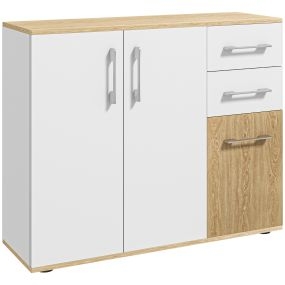 Aparador moderno con 2 cajones, 2 armarios y estantes ajustables 90x30x75,5 cm blanco y natural