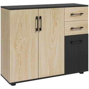 Aparador de 2 Puertas, Aparador de Salón Estrecho con 2 Cajones, Armario de Cocina con Estante Ajustable, para Entrada, Dormitorio, 90x30x75,5 cm, Natural y Negro