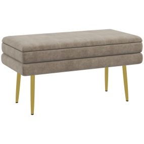 Puff de almacenaje 30L con tapa abatible, patas de acero y terciopelo, beige, 79,5x37,5x43 cm