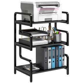 Soporte para Impresora de 3 Niveles, Mueble para Impresora con Marco de Acero, Estantería de Almacenamiento Multiusos para Escáner y Fax en Oficina, Casa, 55x40x77 cm, Negro