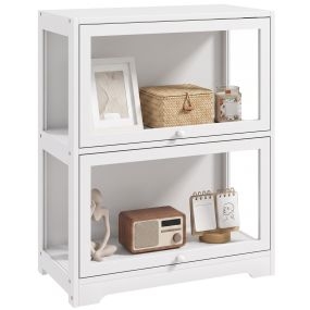 Vitrina expositora de 2 niveles con puertas abatibles de acrílico, anti-vuelco, 59,5x30x73 cm, blanco