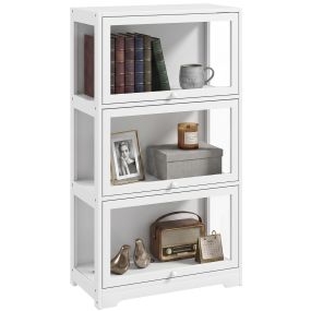 Vitrina expositora de 3 niveles con puertas abatibles de acrílico, anti-vuelco, 59x30x106 cm, blanco