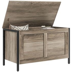 Baúl de almacenaje 95 L con tapa bisagra de seguridad 80x40x50 cm marrón grisáceo