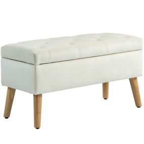 Banco de Almacenaje, Puff Almacenaje Tapizado en Terciopelo con Tapa, Patas de Madera para Sala de Estar, Dormitorio, Entrada, 80x35x42 cm, Crema