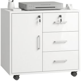 Mueble para impresora con ruedas, puerta, 3 cajones, cerradura, estante ajustable, 60x40x56 cm, blanco
