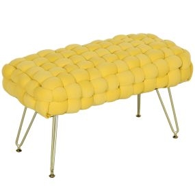 Banco pie de cama tapizado en terciopelo amarillo con patas doradas y asiento acolchado