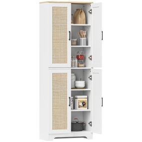 Alacena de cocina con estantes ajustables, puertas de ratán y sistema antivuelco 60x30x170 cm blanco