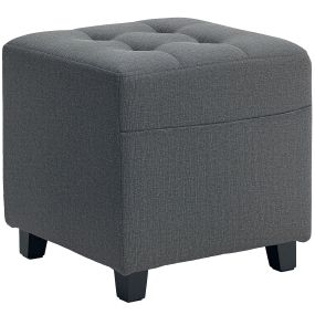 Reposapiés de Salón Taburete Bajo Tapizado en Lino Otomana Cuadrada con Bolsillo Lateral Tapa con Botones Acolchados y Marco de Madera para Sala de Estar Dormitorio Gris