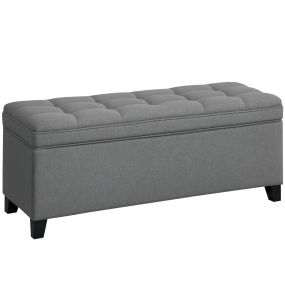 Puff banco de almacenaje 112L tapizado en lino gris oscuro 120x40x48 cm con 2 bisagras de seguridad