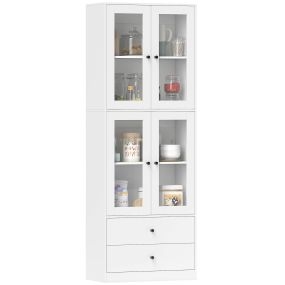 Alacena de cocina alta blanca con 4 puertas de vidrio, 2 cajones y estantes ajustables 59x30x170 cm