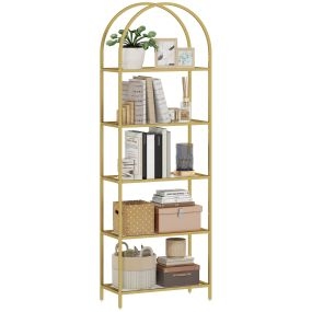 Estantería de vidrio templado de 5 niveles, estructura arqueada, 60x30x175 cm, dorado