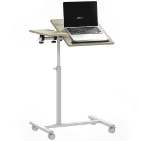 Mesa auxiliar con ruedas para sofá, altura ajustable, superficie inclinable, metal, roble y blanco, 57x40x67,5-101 cm