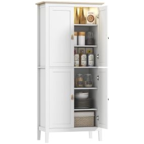 Alacena de cocina alta con luz LED sensor de movimiento, 4 puertas y estantes ajustables, blanco