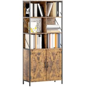 Librería de 6 niveles con 6 compartimentos abiertos, 2 puertas y estante ajustable, marrón rústico 75x34x172 cm