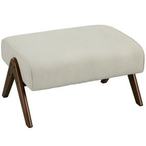 Reposapiés bajo tapizado en pana beige con patas de madera para salón y dormitorio
