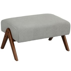 Reposapiés tapizado en pana gris claro con patas de madera para salón y dormitorio