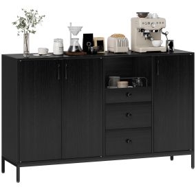 Aparador de 3 Puertas, Aparador de Salón con 3 Cajones, Estantes Ajustables, para Cocina, Entrada, Comedor, Dormitorio, Negro, 143,5x40x90 cm