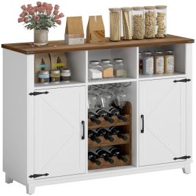 Aparador de cocina con botellero, 2 puertas de granero, estantes ajustables, soporte para copas, blanco 120x37x88 cm