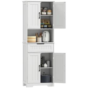 Alacena de Cocina Alta, Mueble Auxiliar de Cocina con 4 Puertas, 5 Estantes, Cajón, Estantes Ajustables, para Salón o Comedor, 60x30x172 cm, Blanco